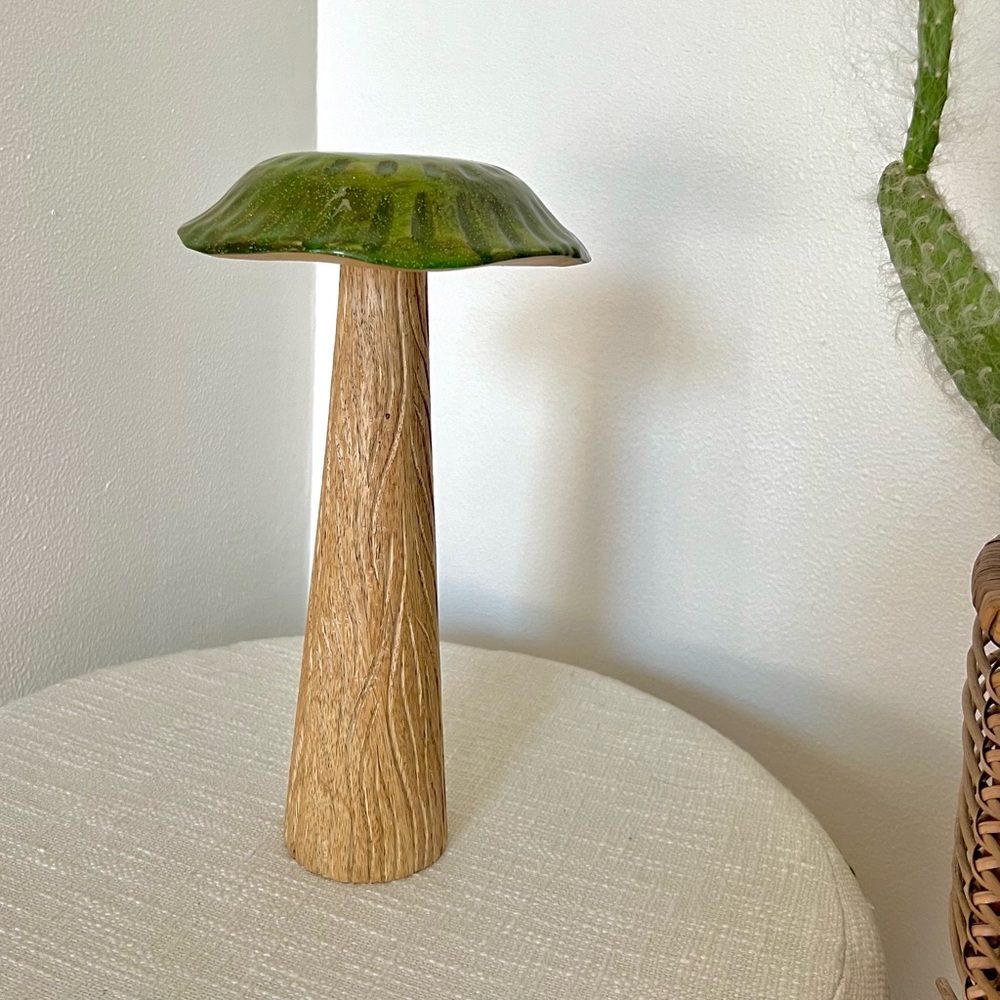 Wooden Mushroom Sculpture - Light Brown Wood/Glossy Green Top 12 H x 8 W